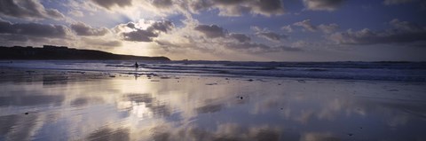 Framed Reflection of clouds on the beach, Fistral Beach, Cornwall, England Print