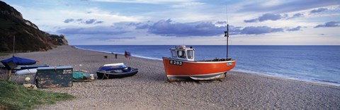 Framed Boats on the beach, Branscombe Beach, Devon, England Print
