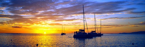 Framed Silhouette of sailboats in the ocean at sunset, Tahiti, Society Islands, French Polynesia Print