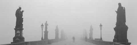 Framed Statues and lampposts on a bridge, Charles Bridge, Prague, Czech Republic (black and white) Print