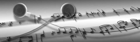 Framed Music notes superimposed on ear phones Print