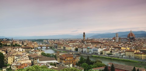 Framed Buildings in a city, Ponte Vecchio, Arno River, Duomo Santa Maria Del Fiore, Florence, Italy Print