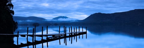 Framed Reflection of jetty in a lake, Derwent Water, Keswick, English Lake District, Cumbria, England Print