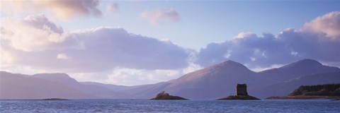 Framed Castle at dusk with mountains in the background, Castle Stalker, Argyll, Highlands Region, Scotland Print