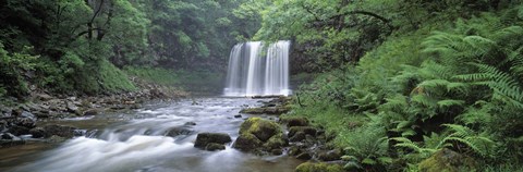 Framed Waterfall in a forest, Sgwd Yr Eira (Waterfall of Snow), Afon Hepste, Brecon Beacons National Park, Wales Print