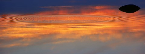 Framed Reflection of clouds with circular ripples spreading outward across glassy lake waters at sunset Print