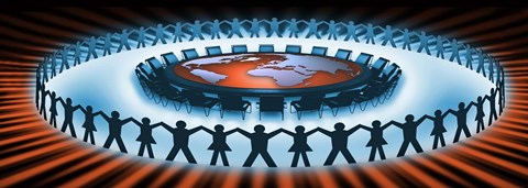 Framed Circle of people around a table of world map Print