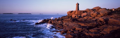 Framed Lighthouse on the coast, Ploumanach Lighthouse, Cote De Granit Rose, Cotes-D'Armor, Brittany, France Print