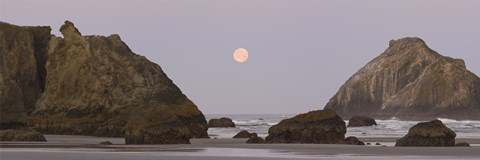 Framed Sea stacks and setting moon at dawn, Bandon Beach, Oregon, USA Print