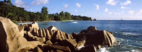 Framed Large granite rocks on the shoreline of La Digue Island, Seychelles Print