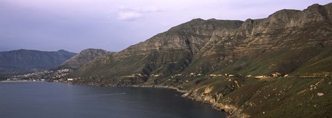Framed Road towards a mountain peak with town, Mt Chapman&#39;s Peak, Hout Bay, Cape Town, Western Cape Province, Republic of South Africa Print
