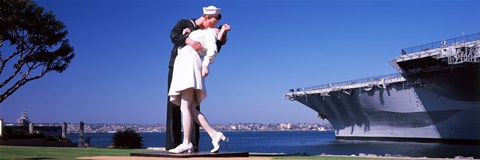 Framed Kiss between sailor and nurse sculpture, Unconditional Surrender, San Diego Aircraft Carrier Museum, San Diego, California, USA Print