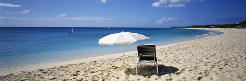 Framed Single Beach Chair And Umbrella On Sand, Saint Martin, French West Indies Print