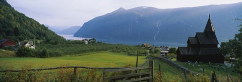 Framed Church in a village, Urnes stave church, Lustrafjorden, Luster, Sogn Og Fjordane, Norway Print