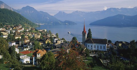 Framed VillageWeggis &amp; Lake Vierwaldstattersee, Switzerland Print