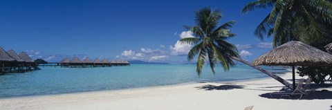 Framed Lounge chair under a beach umbrella, Moana Beach, Bora Bora, French Polynesia Print