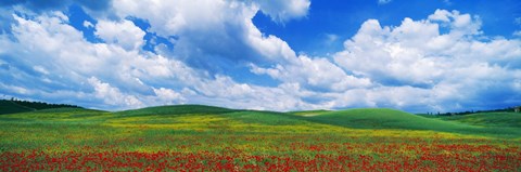 Framed Open Field, Hill, Clouds, Blue Sky, Tuscany, Italy Print