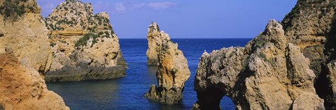 Framed Rock formations in the sea, Algarve, Lagos, Portugal Print