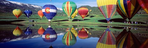 Framed Reflection Of Hot Air Balloons On Water, Colorado, USA Print