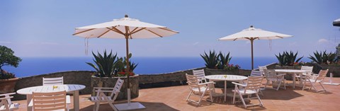 Framed Patio umbrellas in a cafe, Positano, Amalfi Coast, Salerno, Campania, Italy Print