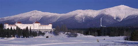 Framed Hotel near snow covered mountains, Mt. Washington Hotel Resort, Mount Washington, Bretton Woods, New Hampshire, USA Print