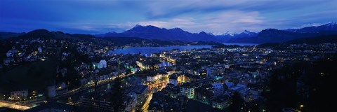 Framed Aerial view of a city at dusk, Lucerne, Switzerland Print