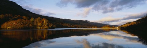 Framed Reflection of mountains and clouds on water, Glen Lednock, Perthshire, Scotland Print