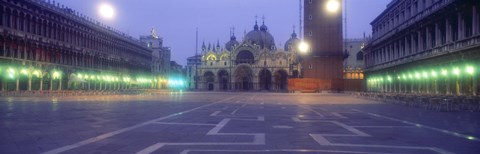 Framed Street lights lit up in front of a cathedral at sunrise, St. Mark's Cathedral, St. Mark's Square, Venice, Veneto, Italy Print