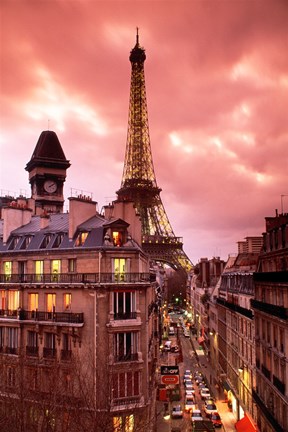 Framed Paris Street Scene with Eiffel Tower and Red Sky Print