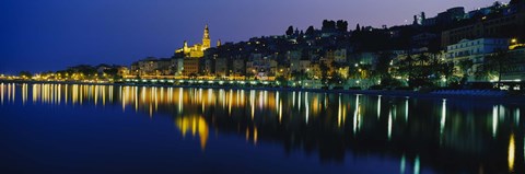 Framed Reflection of buildings in water, Menton, Alpes-Maritimes, Provence-Alpes-Cote d'Azur, France Print