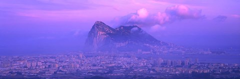 Framed Rock Of Gibraltar in the fog at dusk, Andalucia, Spain Print