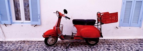 Framed Motor scooter parked in front of a building, Santorini, Cyclades Islands, Greece Print