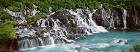 Framed Waterfall In A Forest, Hraunfoss Waterfall, Iceland Print