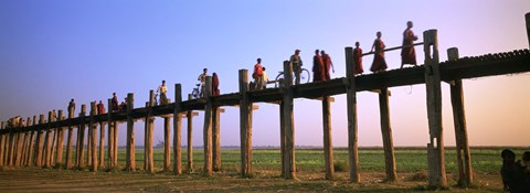 Framed Myanmar, Mandalay, U Bein Bridge, People crossing over the bridge Print