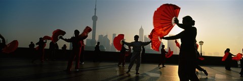 Framed Silhouette Of A Group Of People Dancing In Front Of Pudong, The Bund, Shanghai, China Print
