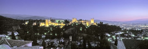 Framed High angle view of a castle lit up at dusk, Alhambra, Granada, Andalusia, Spain Print