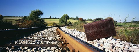 Framed Close-up of a suitcase on a railroad track, Germany Print