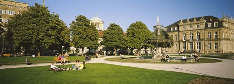 Framed Group Of People Sitting Around A Fountain In A Park, Schlossplatz, Stuttgart, Baden-Wurttemberg, Germany Print