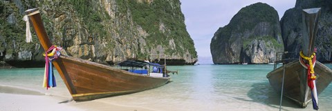 Framed Longtail boats moored on the beach, Mahya Beach, Ko Phi Phi Lee, Phi Phi Islands, Thailand Print