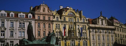 Framed Statue in front of buildings, Jan Hus Monument, Prague Old Town Square, Old Town, Prague, Czech Republic Print
