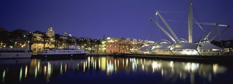 Framed Reflection of buildings in water, The Bigo, Porto Antico, Genoa, Italy Print