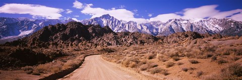 Framed Dirt road passing through an arid landscape, Lone Pine, Californian Sierra Nevada, California, USA Print
