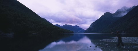 Framed Mountains overlooking a lake, Fiordlands National Park, Southland, South Island, New Zealand Print