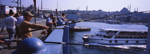 Framed Side profile of fishermen fishing in a river, Galata Bridge, Istanbul, Turkey Print
