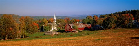 Framed Church and a barn in a field, Peacham, Vermont, USA Print