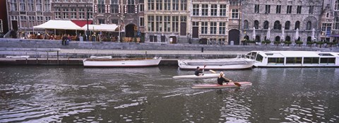 Framed High angle view of two people kayaking in the river, Leie River, Graslei, Ghent, Belgium Print