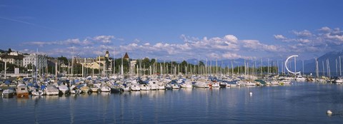 Framed Boats moored at a harbor, Lake Geneva, Lausanne, Switzerland Print