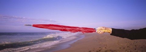 Framed Close-up of a woman&#39;s hand pointing with a red umbrella, Point Reyes National Seashore, California, USA Print