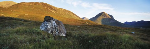 Framed Lichen covered rock in a field, Glen Sligachan, Cuillins, Isle Of Skye, Scotland Print