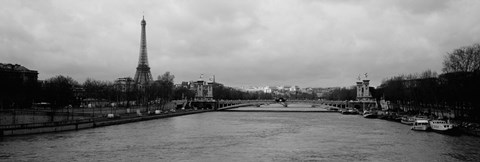 Framed River with a tower in the background, Seine River, Eiffel Tower, Paris, Ile-De-France, France Print